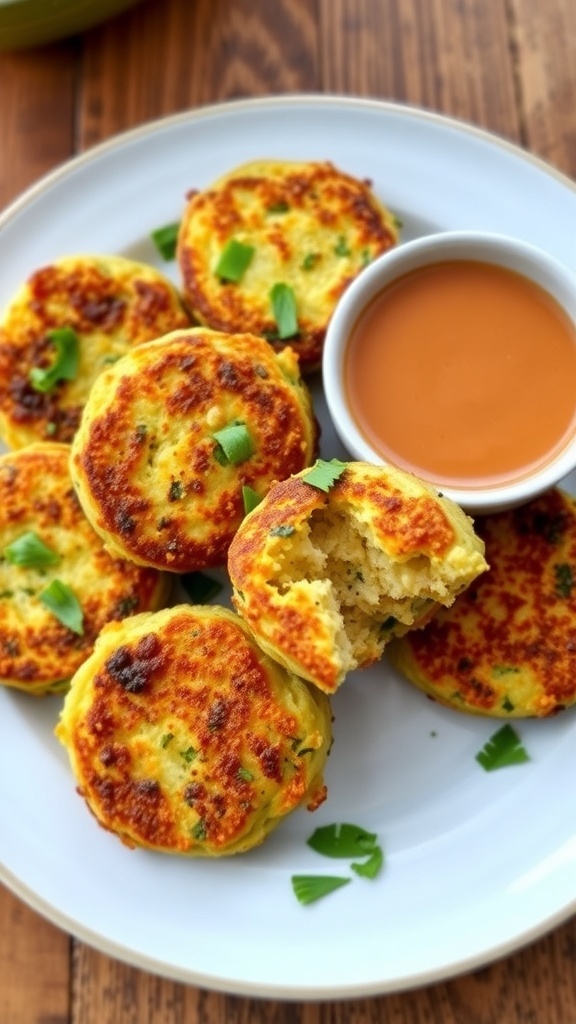 Golden chicken and zucchini patties on a plate with herbs and dipping sauce.